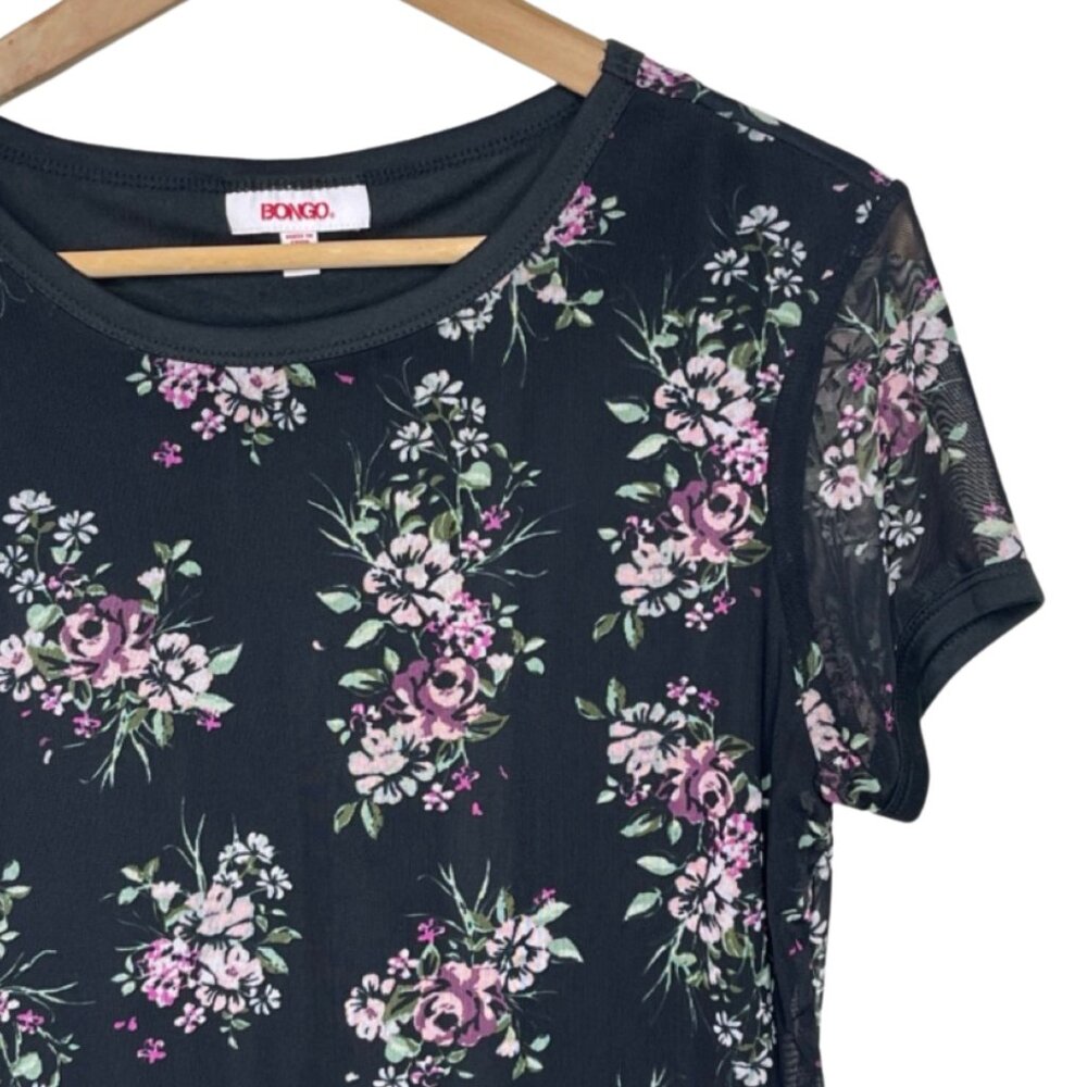 BONGO | Black Floral Mini Shirt Dress Short Sleeve Purple Flowers | Size L - Picture 2 of 9